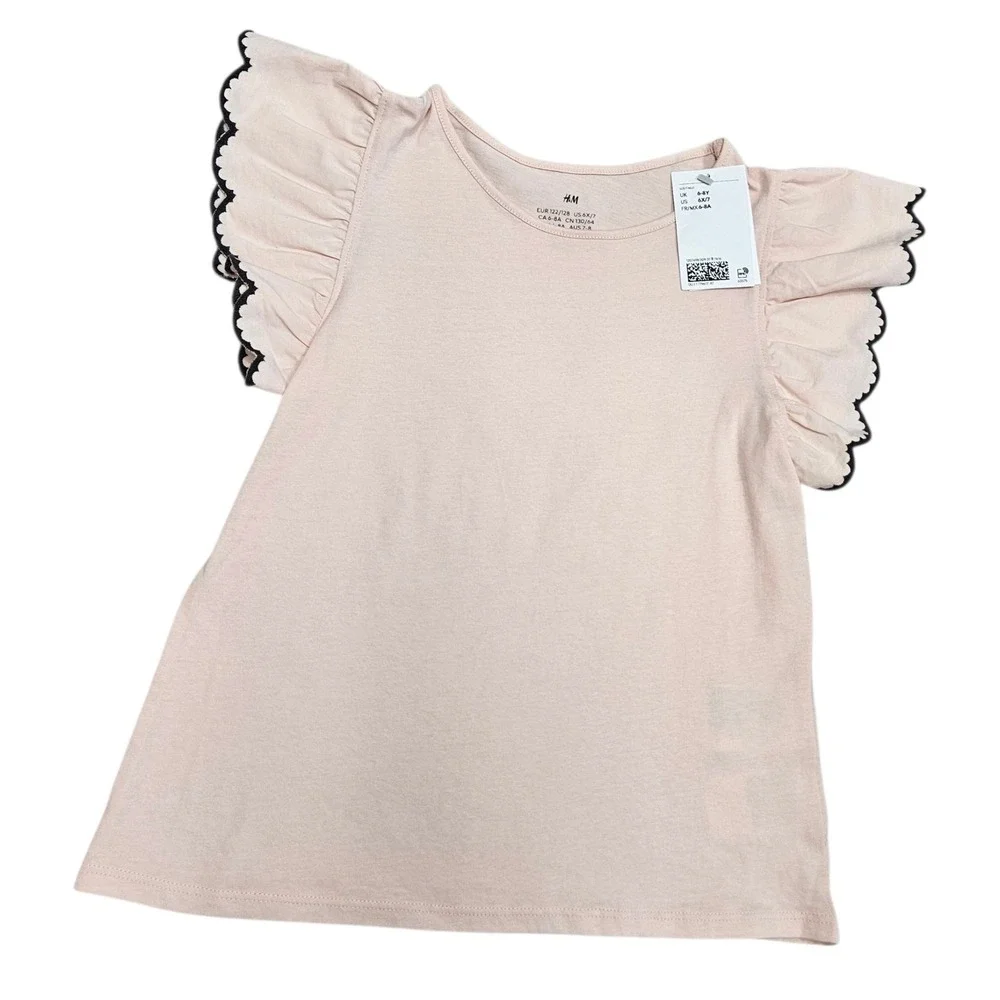 H&M NWT Girls Pink Flutter‎ Sleeve Top Black Lace Trim Size 6-7 Cottagecore